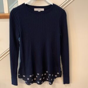 Silky floral bottom on this like new navy blue sweater long sleeve